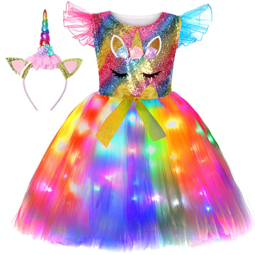Soyoekbt Girls Unicorn Costume Led Light Up Unicorn Dress For Girls Princess Birthday Party Dress Up (3-4 Years)