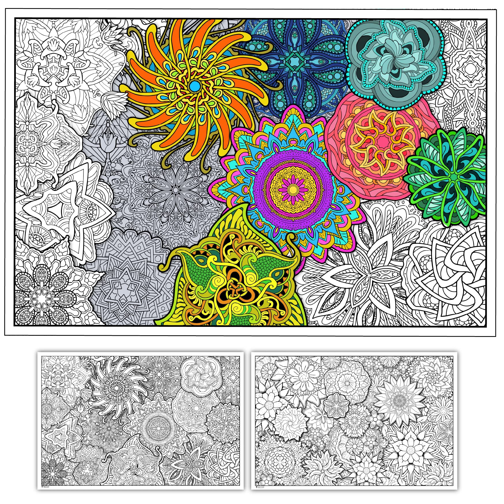 Young N Refined 2 Pack of Giant Coloring Posters of Flowers and Mandala collages Folded Version (42x60)