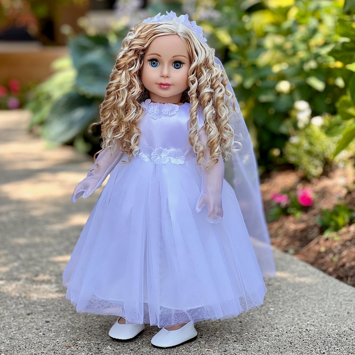Dreamworld Collections Little Angel - 4 Piece 18 Inch Girl Doll Outfit - White Satin And Tule First Communion Dress With Long Gloves, Veil And White Shoes (Doll Not Included)