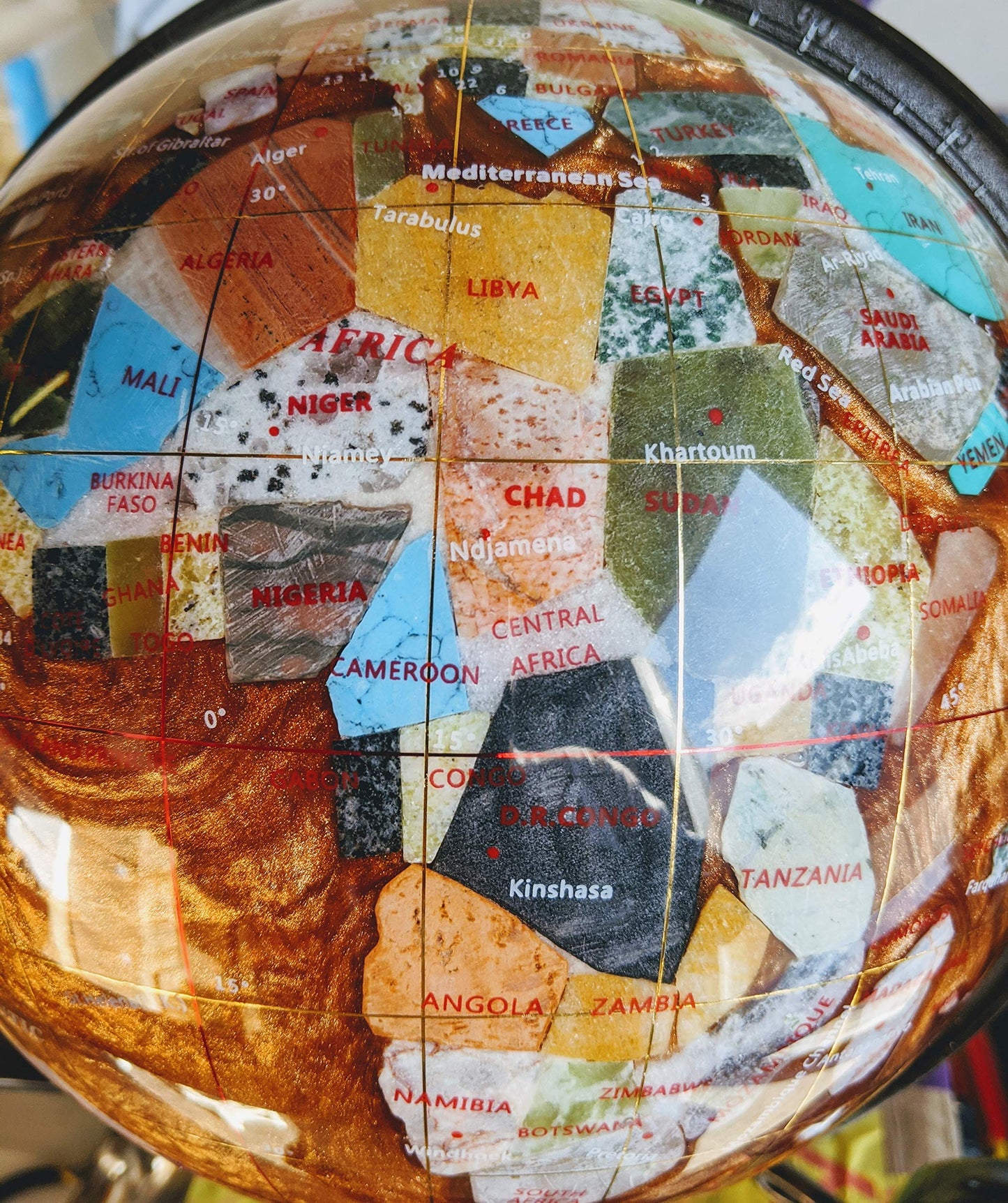 14' Tall Amber Pearl Gold Stand Gem Gemstone World Map Globe Globes Maps