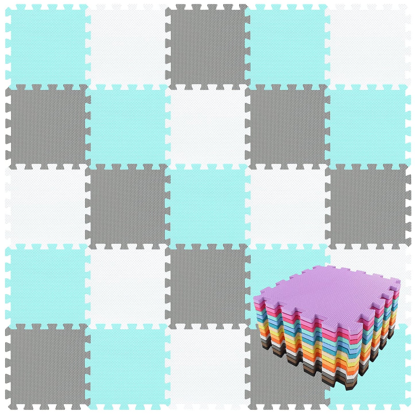 Qqpp Eva Rubber 18 Tiles Interlocking Puzzle Foam Floor Mats - Baby Play Mat For Playing | Exercise Mat For Home Workout. White, Green, Gray. Qc-Ahlb18N