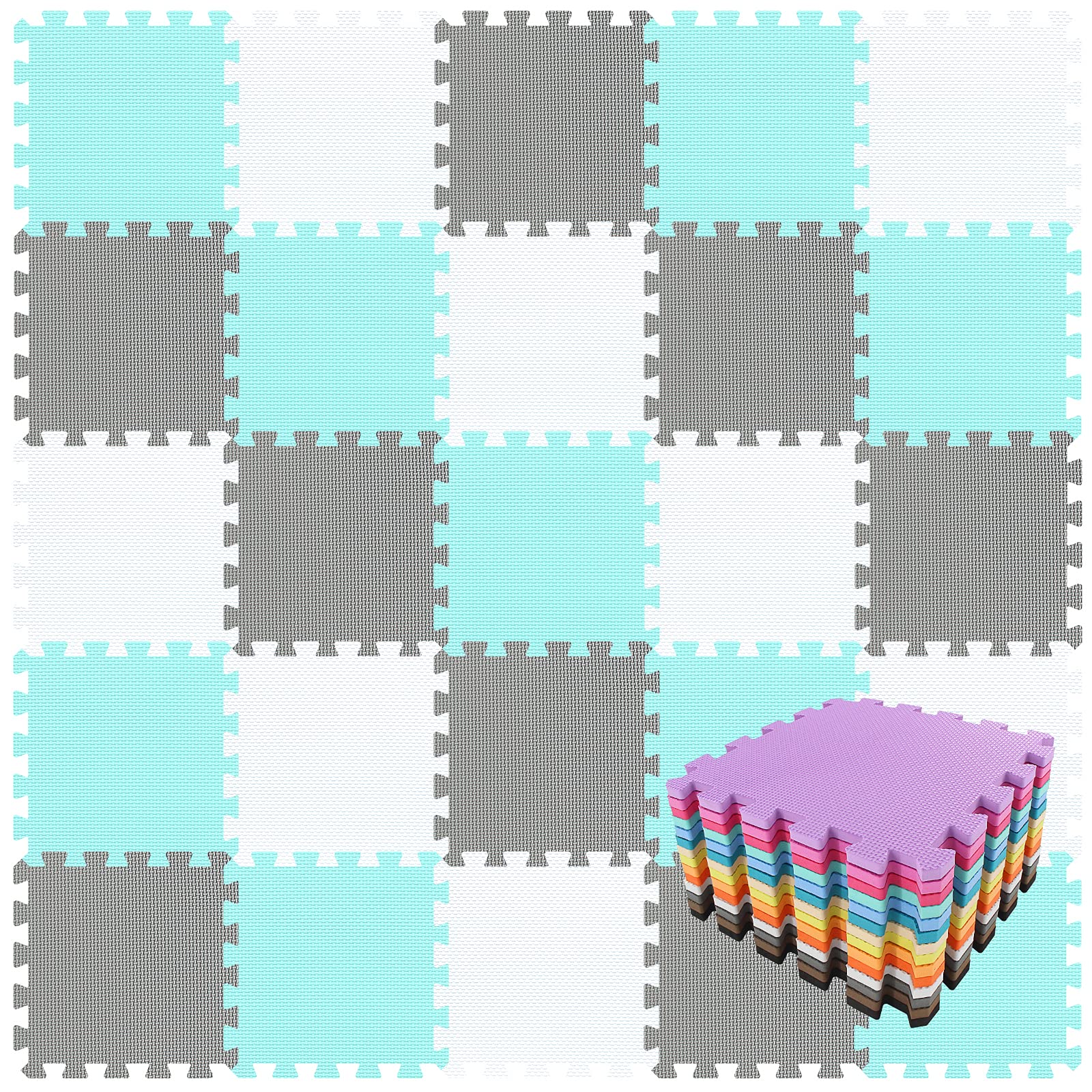 Qqpp Eva Rubber 18 Tiles Interlocking Puzzle Foam Floor Mats - Baby Play Mat For Playing | Exercise Mat For Home Workout. White, Green, Gray. Qc-Ahlb18N