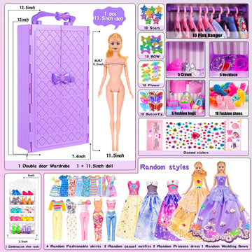 91Pcs 11.5 Inch Girl Doll With Clothes Accessories And Closet, Princess Gowns, Fashion Dresses, Outfits ,Swimsuits, Shoes, Hangers, Doll Dress Up Toys For Girls Kids Toddlers Toy (Include Doll)
