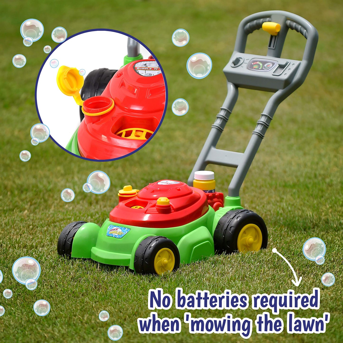 Bubble N Go Lawn Bubble Mower for Toddlers  Bubble Blowing Machines  Indoor/Outdoor Gardening Toy  Birthday Party  No Batteries Required  Includes 24oz Bubble Solution and 24 Refill Packs  Ages 2+
