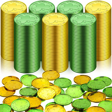 HyDren 500 Pieces St. Patrick's Day Coins Plastic Shamrock Gold Coin Good Luck Saint Patrick's Day Green and Gold 3 Leaf Coins f