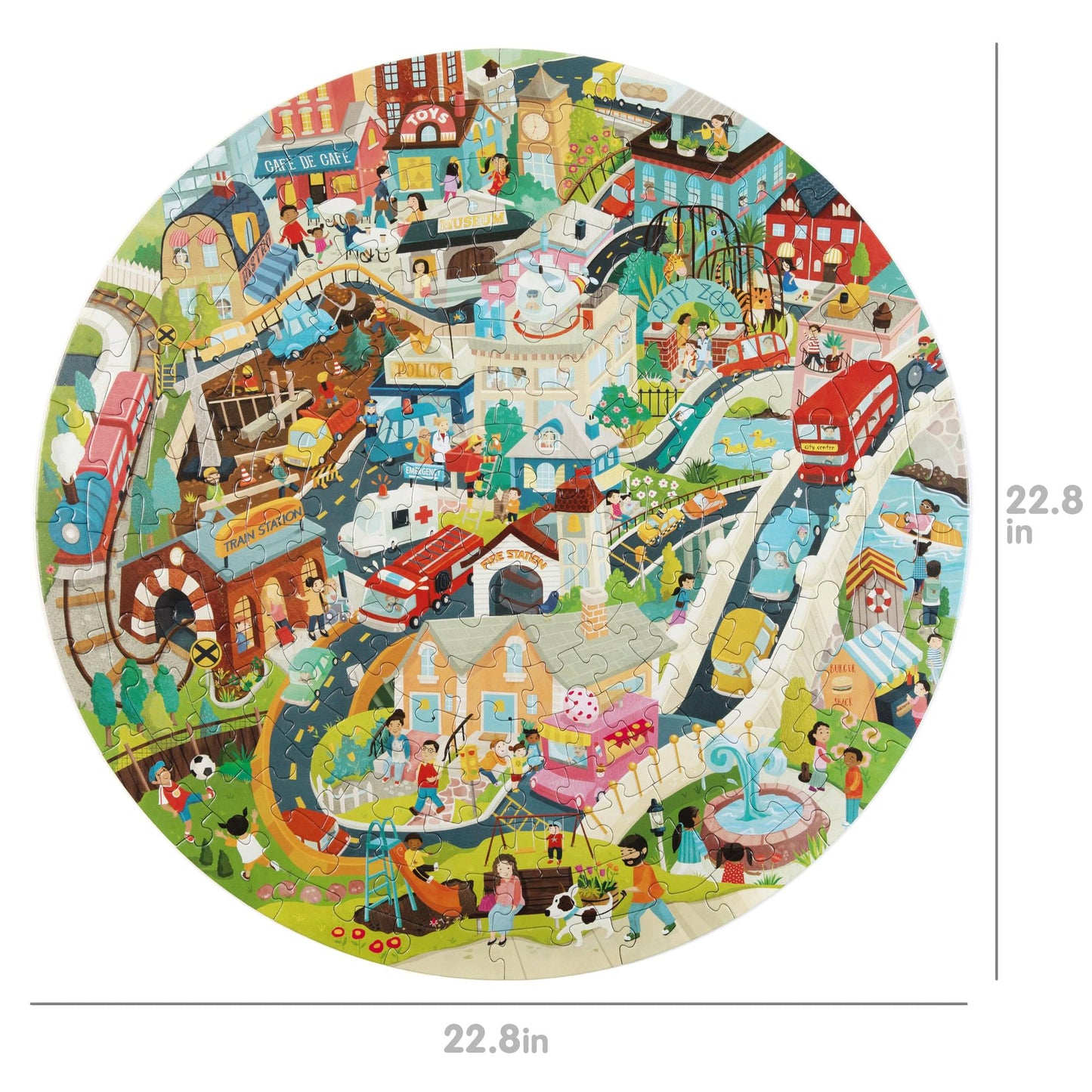boppi City Life Round Jigsaw Puzzle - 150 Pieces, 58cm Diameter, 100% Recycled Card, Fun for Ages 5-8, Featuring Animals, Vehicles, and Buildings
