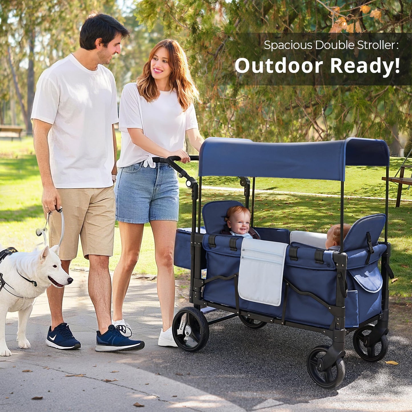 Stroller Wagon for 2 Kids, Baby Wagon Stroller with Adjustable Handle for Infants and Toddlers (Light Blue)