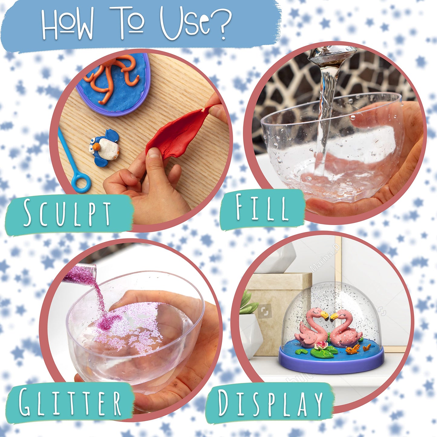 Kipipol Snow Globe Making Kit for Kids - Make Your Own Snow Globes for Girls w/ 4 DIY Snowglobe, 5 Figures, 20 Packs of Modeling