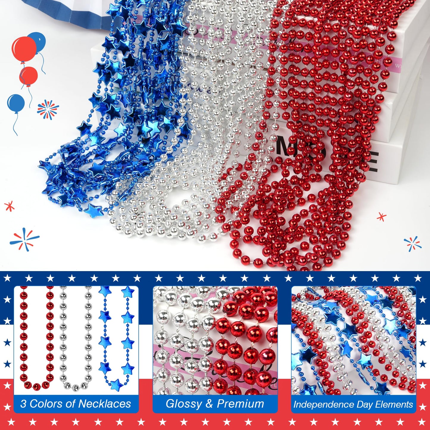 Hoosun 4Th Of July Beaded Necklace, 24Pcs Patriotic Star Bead Necklaces Red Silver And Blue Accessories,Fourth Of July Beads For