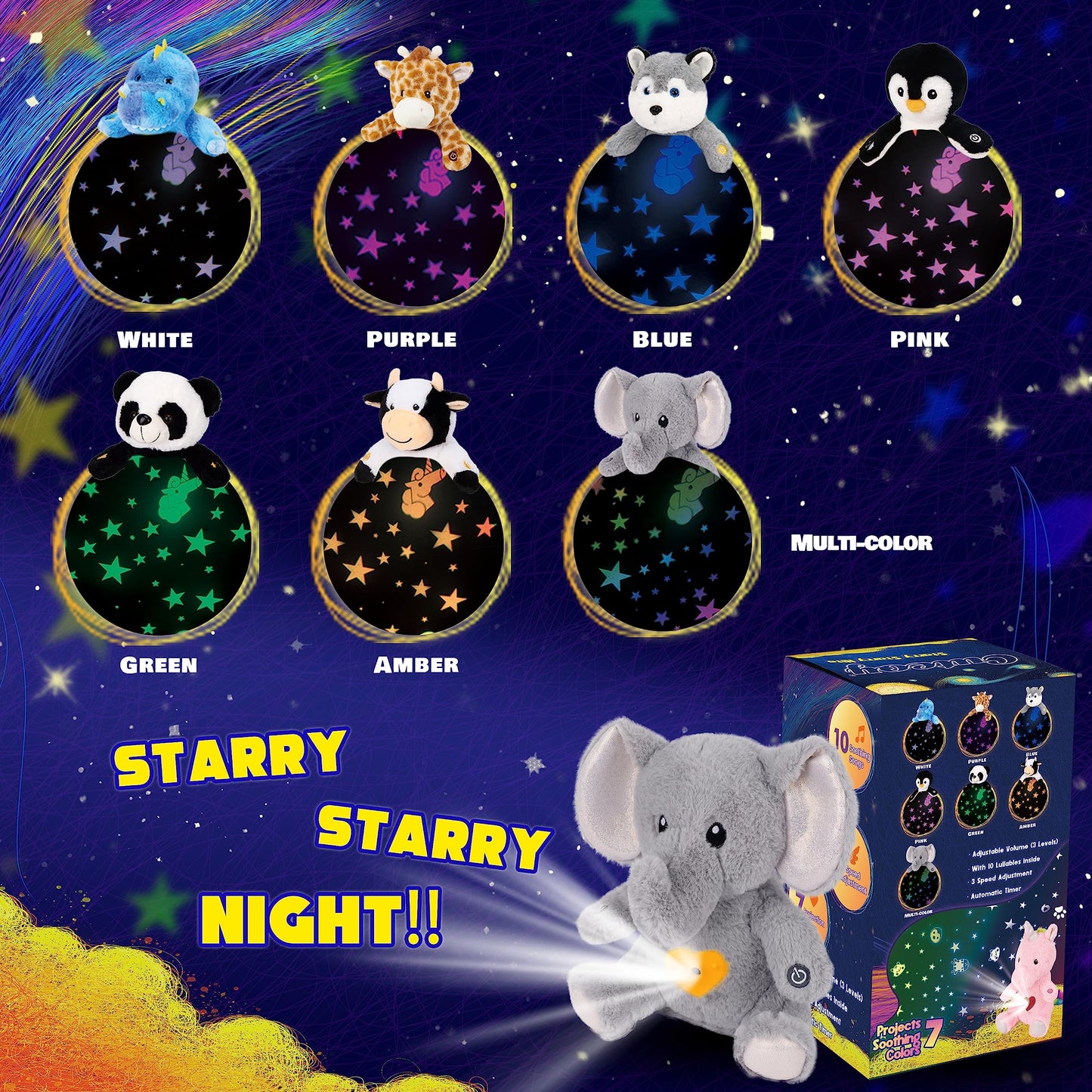 Cuteoy Elephant Star Projector Plush Night Light Stuffed Animals Musical Soother Toys For Kids Lullabies Sounds Sleep Aid Gifts On Birthday Christmas (Elephant)