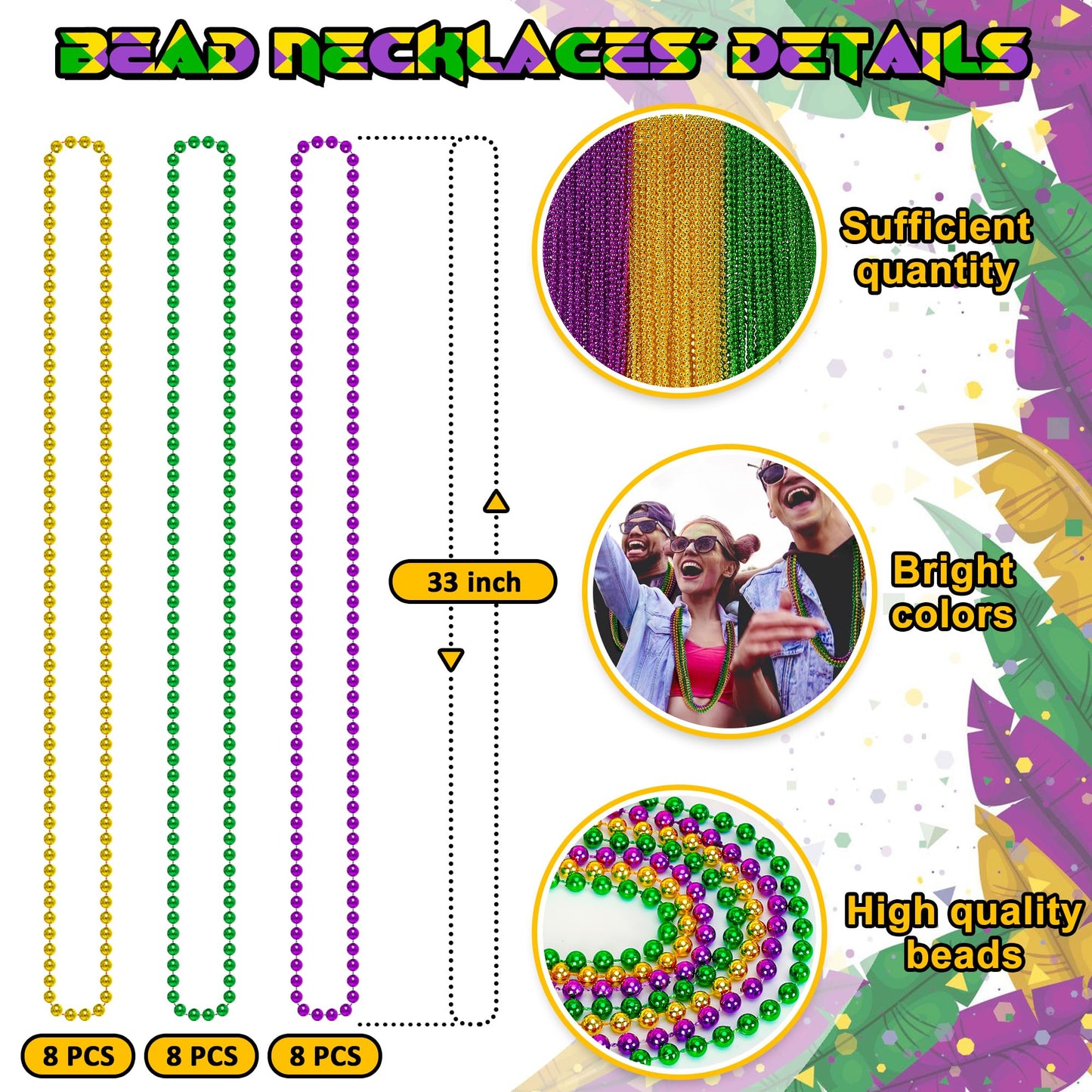 24PCS Mardi Gras Accessories, Mardi Gras Green Purple Gold Metallic Beads Necklaces Accessories Bulk, Mardi Gras Beads Necklace