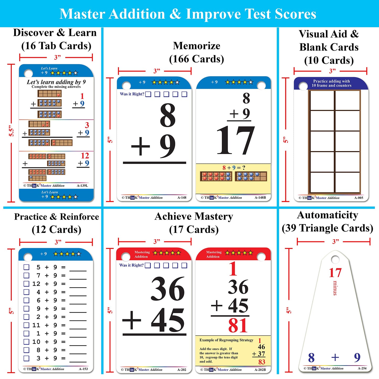 Think2Master Addition Flash Cards. Learn To Add & Subtract By Counting, Writing, Understanding & Memorizing. 260 Laminated Cards, 39 Triangle Cards, 2 Dry Erase Markers, 5 Rings & 30 Counters