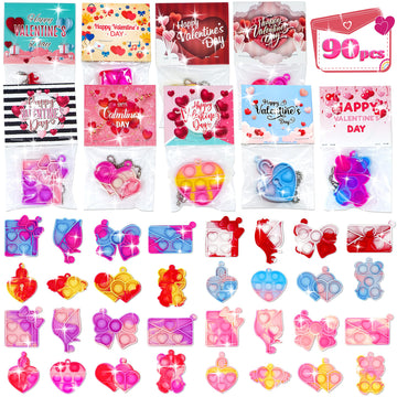 90Pcs Prefilled Cards With Pop Fidget Toys Bulk-Valentines Day, Valentine Exchange For Classroom, School Party Favors For Kids,