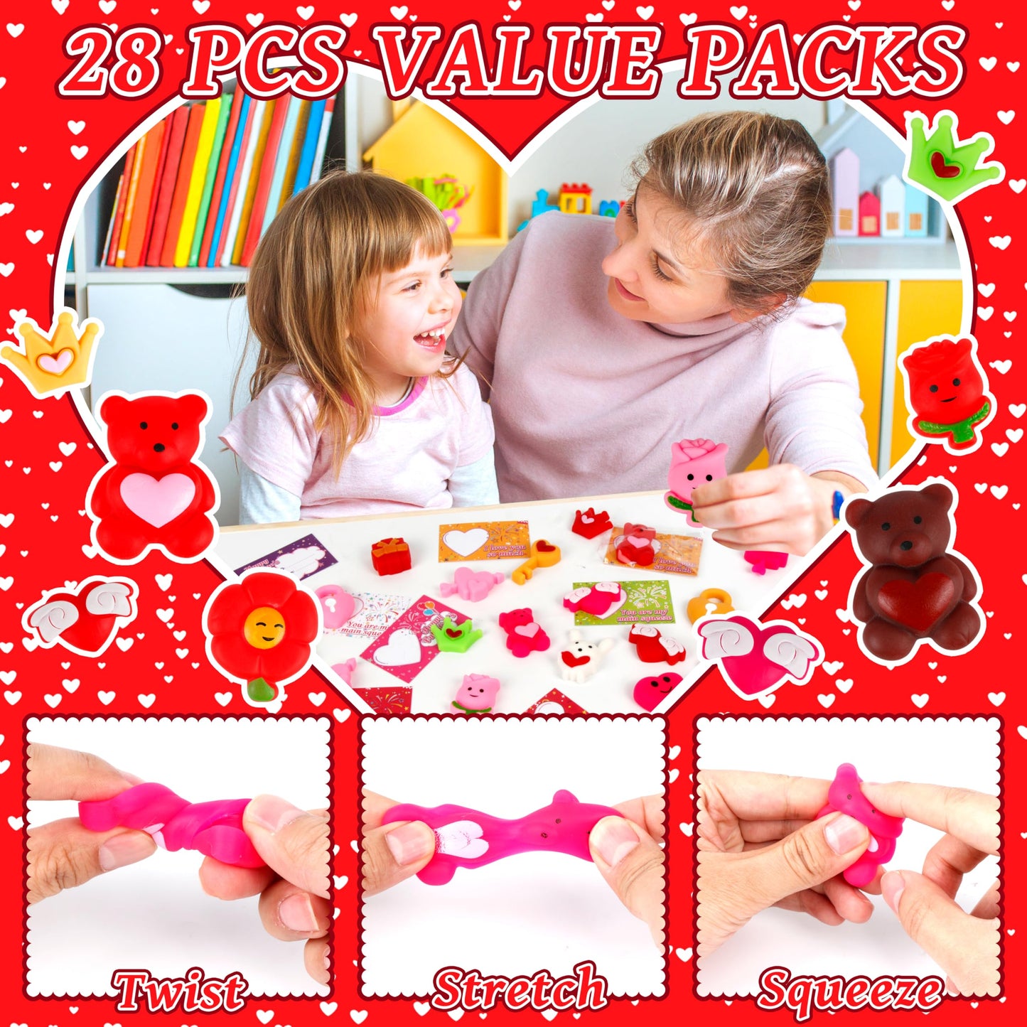 Octeric 28 Packs Valentines Day Gards With Mochi Squishy Toy, Kawaii Stress Relief Squeeze For Kids, Exchange Gifts Classroom Pr