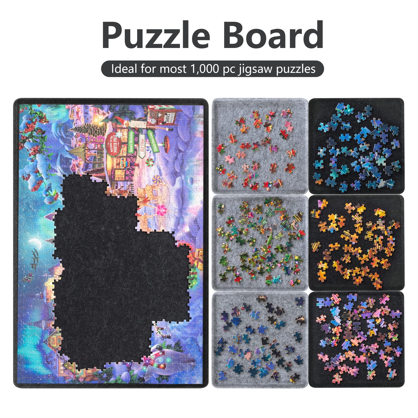 LAVIEVERT Jigsaw Puzzle Board - Portable Felt Mat with 6 Sorting Trays, Non-Slip Surface, 29.92 x 20.08 inches, Black, for Up to