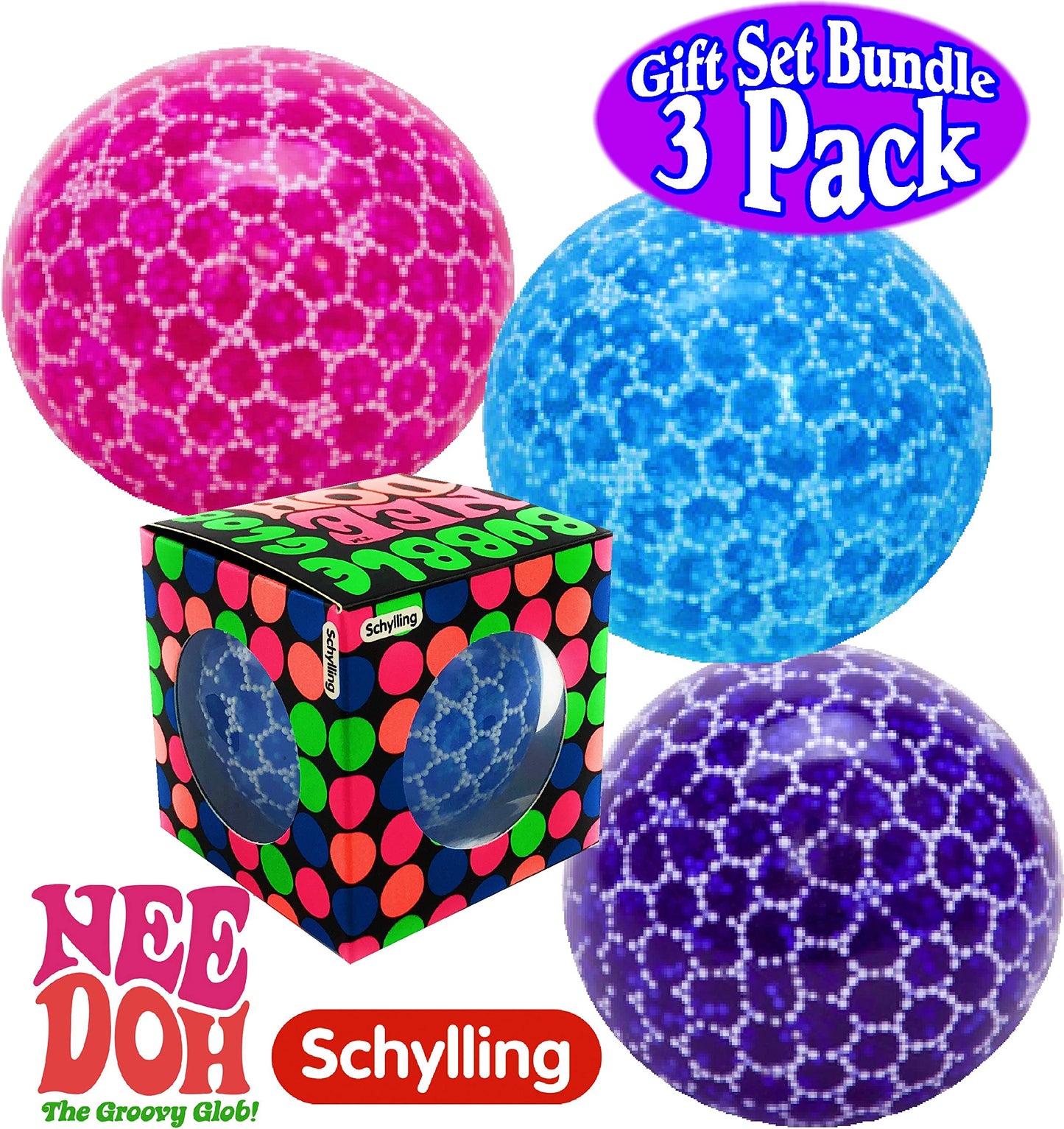Nee-Doh Schylling Bubble Glob Groovy Glob! Squishy, Squeezy, Stretchy Stress Balls Blue, Pink & Purple Complete Gift Set Party B