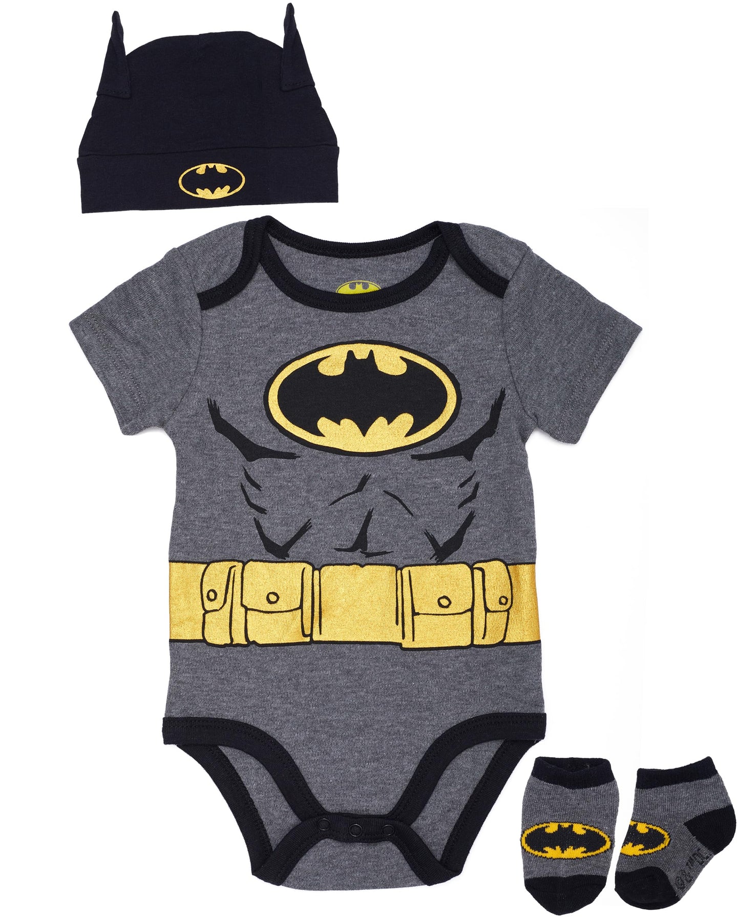 Dc Comics Batman Baby Clothes 3-Piece Set With Bodysuit, Baby Hat, And Baby Socks - Batman Baby Gift Set (Black/Yellow, 3-6M)
