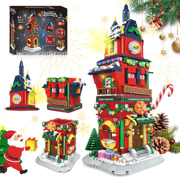 Christmas Countdown Tower House Building Toys - Led Light Christmas Village House Building Set With Countdown Clock, Festival Mo