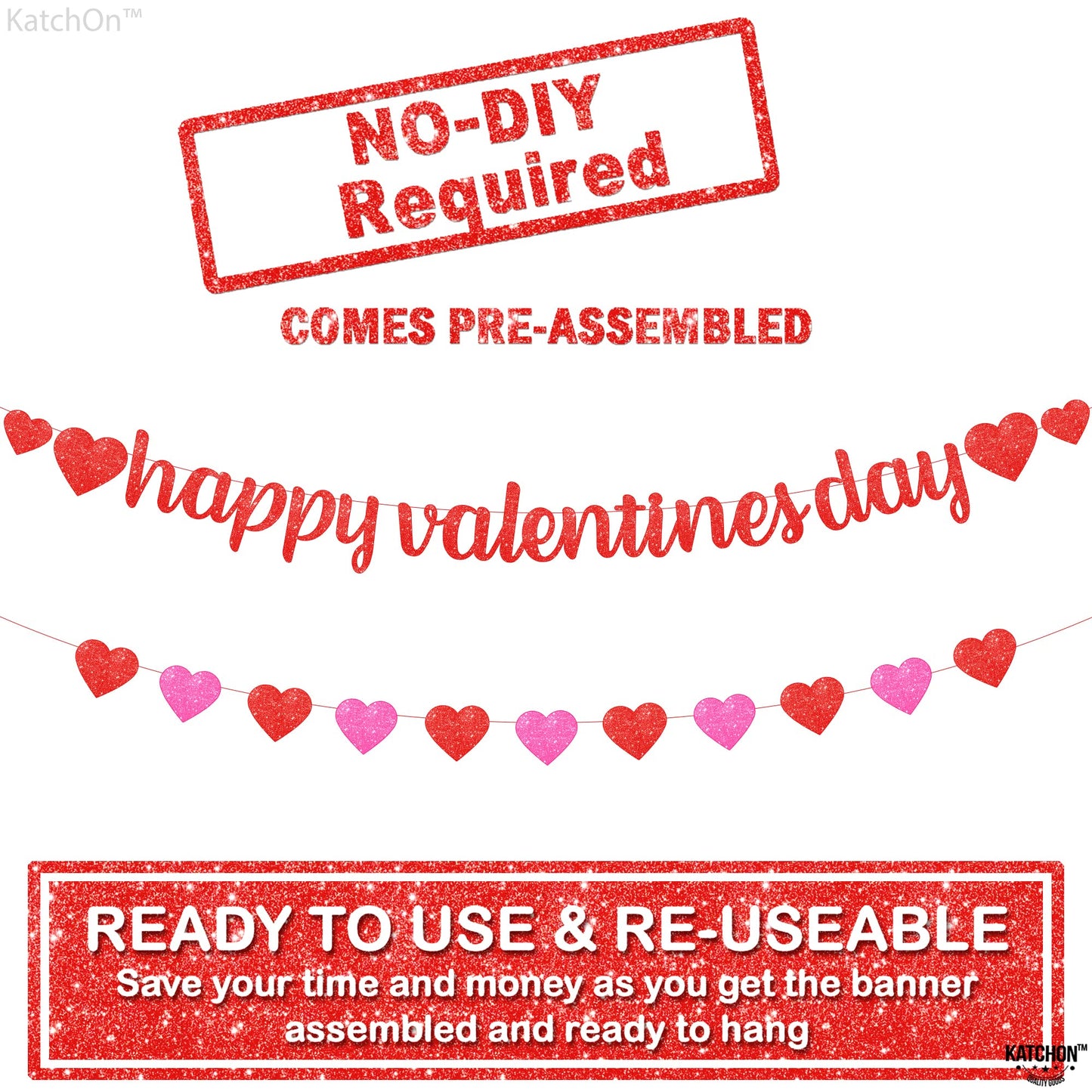 KatchOn, Glitter Happy Valentines Day Banner - 10 Feet, No DIY | Red Pink Heart Garland for Valentines Day Decorations | Valenti