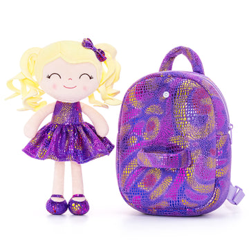 Gloveleya Kids Backpack Toddler Backpack Baby Girl Gift Plush Bag Diaper Bag Glitter Purple Dress Curly Hair Doll Backpack 9'