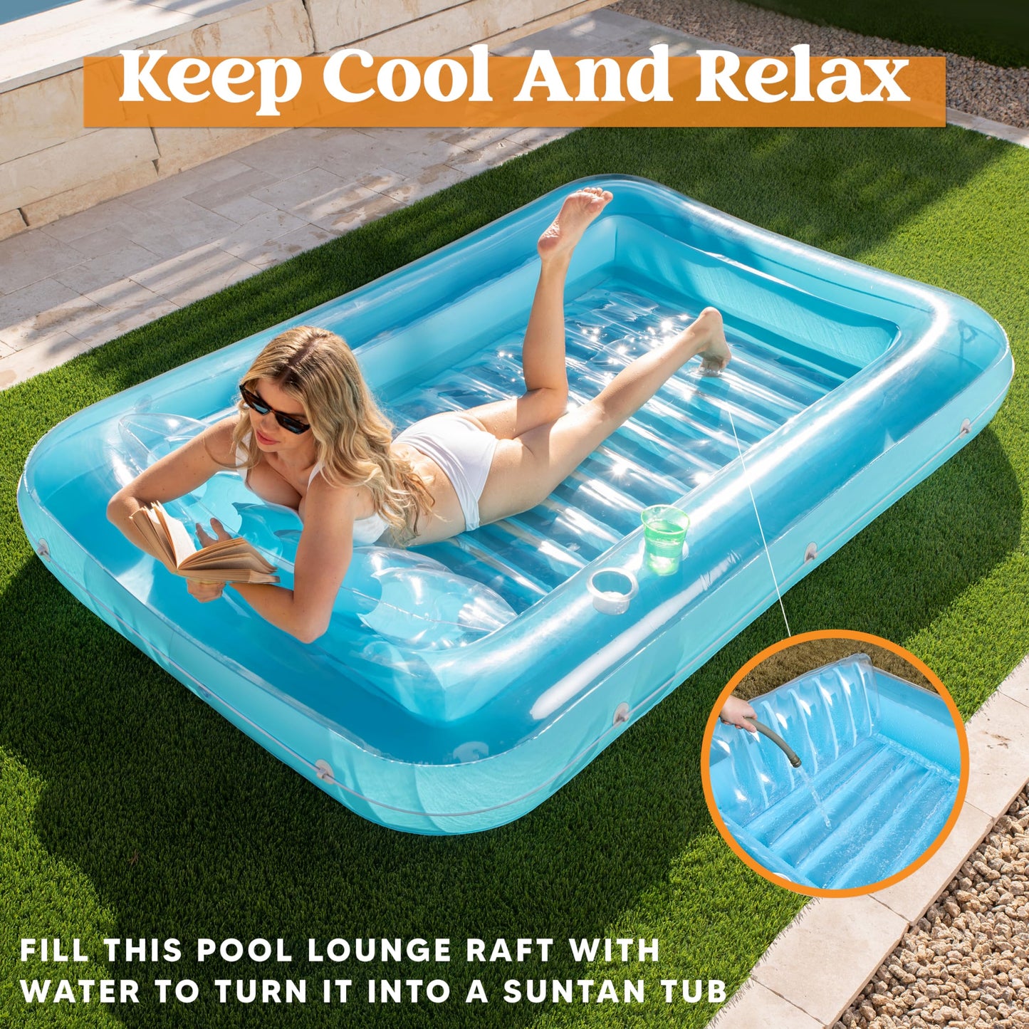 Sloosh Inflatable Tanning Pool Lounge Float  85 x 57 Extra Large Sun Tan Tub mature-themed Floats Raft for Sunbathing Suntan Blow up Lounger Bed Floatie mature-themeds(XL-Blue)