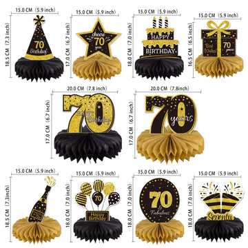 Gexolenu 10 Pcs 70Th Birthday Honeycomb Centerpieces Gold Black Cheers To 70 Years Birthday Centerpieces Tables Toppers For 70Th