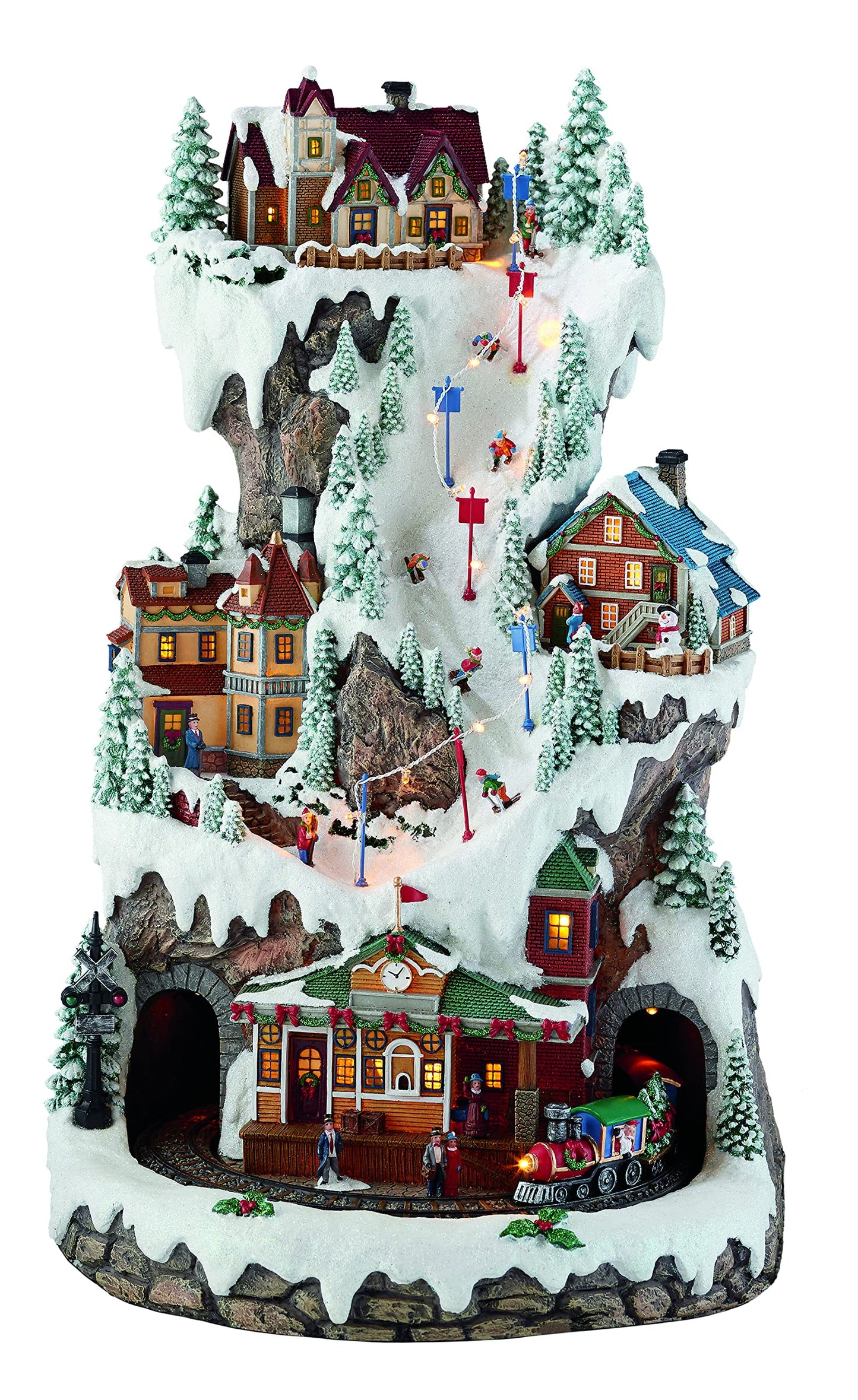 MOMENTS IN TIME Animated Ski Resort Christmas Village, 20.5”H, LED Lights, Music & Moving Train, Hand-Painted Resin, Model NM-X16038AA