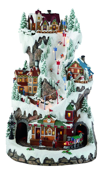 MOMENTS IN TIME Animated Ski Resort Christmas Village, 20.5”H, LED Lights, Music & Moving Train, Hand-Painted Resin, Model NM-X16038AA