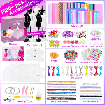 Minifun 1500+Pcs Fashion Designer Kit For Girls, Sewing Kit With 7 Mannequins, Diy Arts And Crafts Kit For Kids, Doll Clothes Making Kit, Girl Toys For Age 6 7 8 9 10 11 12 Year Old Gifts