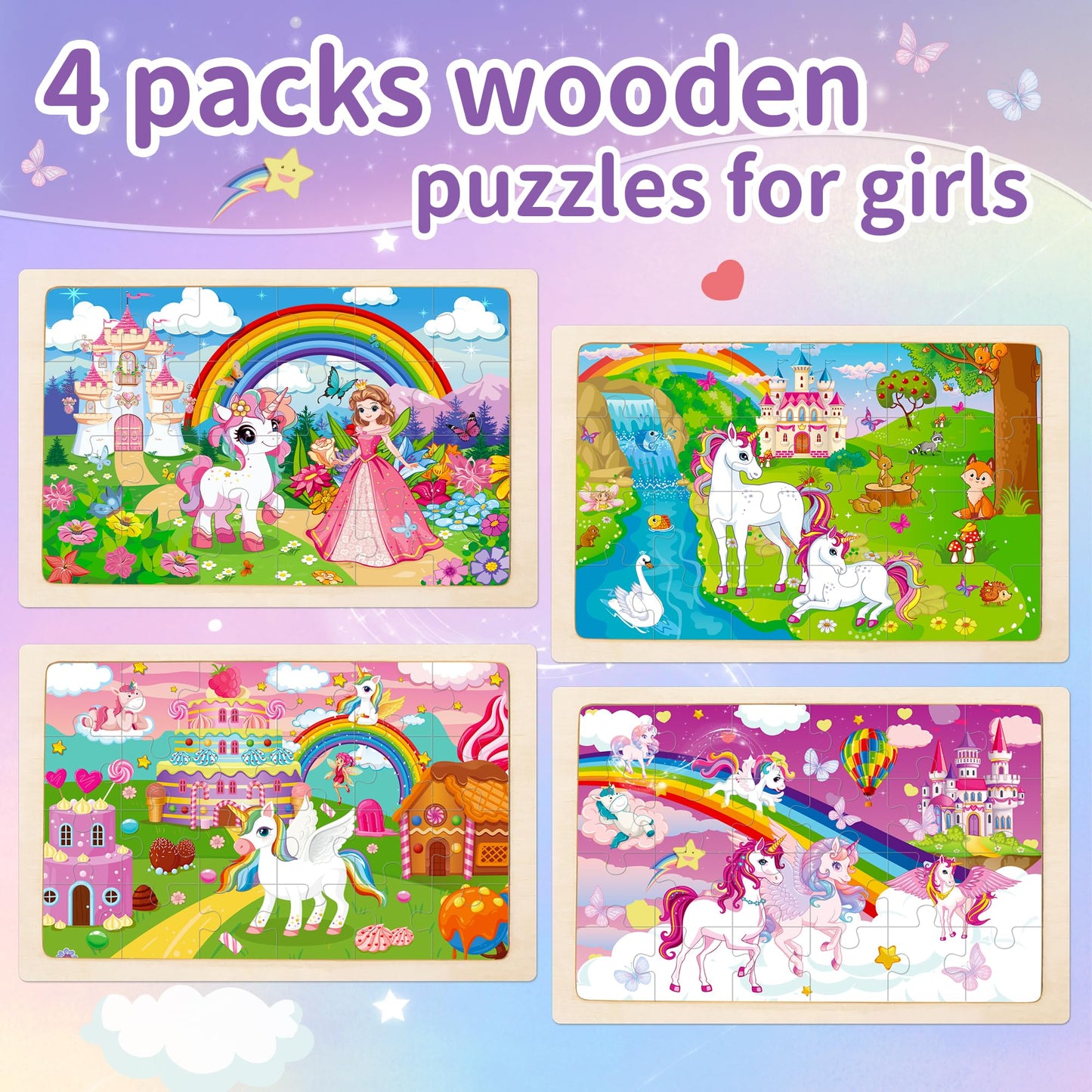 Puzzles for Kids Ages 4-6 Unicorn Princess Wooden Jigsaw Puzzles 4 Packs Puzzles for Kids Ages 3-5 24 Pcs Educational Preschool Toddler Puzzle Unicorn Toys Gifts for 3 4 5 6 Years Old Girls Boys