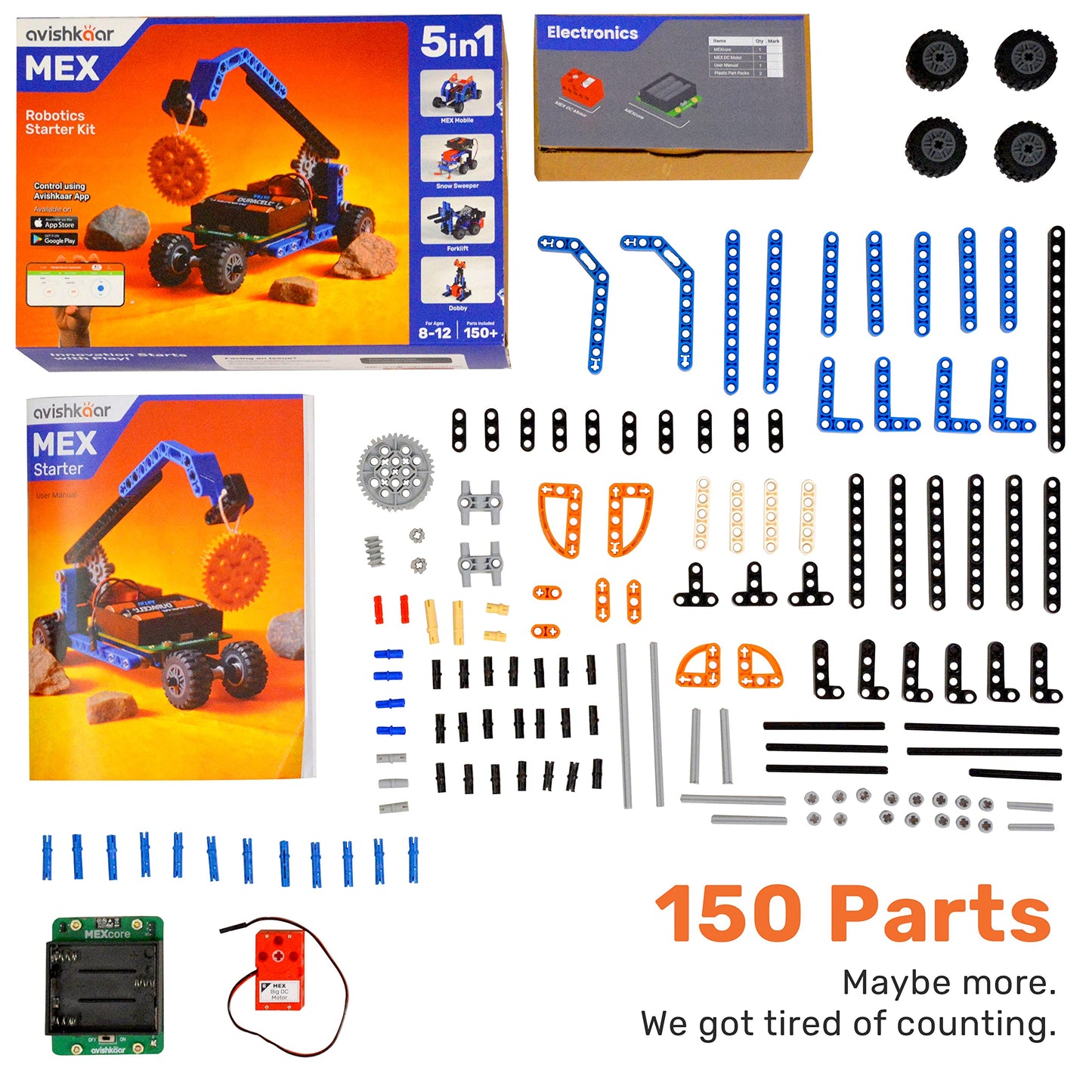 Avishkaar Mex 5-In-1 Diy Robotics Starter Kit, Robot Toys For Kids Aged 8-12, Building & Construction Set With 100+ Parts, Learn