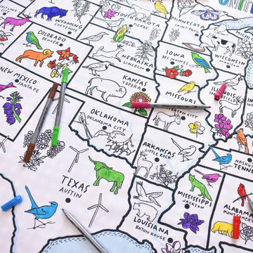 Eatsleepdoodle Coloring Tablecloth For Kids W/ 10Pk Washable Markers For Kids - 50X33In Us Map Giant Coloring Poster - Kids Coloring Tablecloth Ultra Washable & Reusable Arts And Crafts For Kids