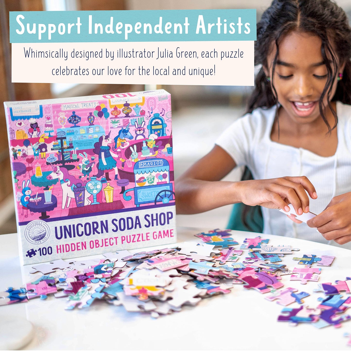 Foothill Toy Co. Childrens Jigsaw Puzzle | Unique Unicorn Art | Educational Gift For Kids 3-8, Unicorn Soda Shop - 100 Piece