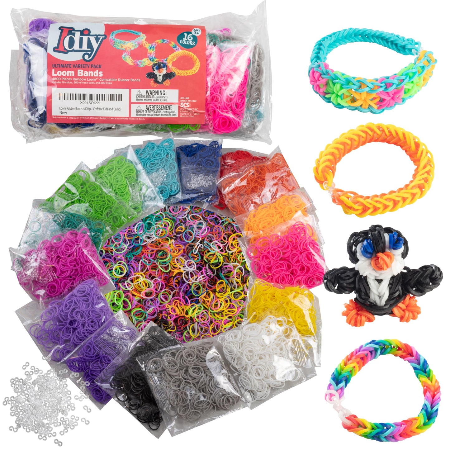 Loom Rubber Bands 4800 pc Refill Kit w 16 Unique Rainbow Colors (300 of Each) & 200 Clips - Works w All Rubber Band Jewelry Loom