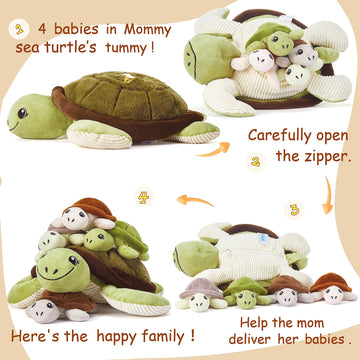 Ikasa Mommy Sea Turtle Stuffed Animal Mom And Baby Plush Toy, Cute 15' Soft Small Mama Family Set With Little Babies,Gifts For Kid (Sea Turtle)