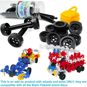Brain Flakes 16 Wheels And 8 Axles Tube-Go Set Add-On Travel Kit - Build Cars, Trucks, Anything That Spins - Compatible Brand Discs - A Great Stem Toy
