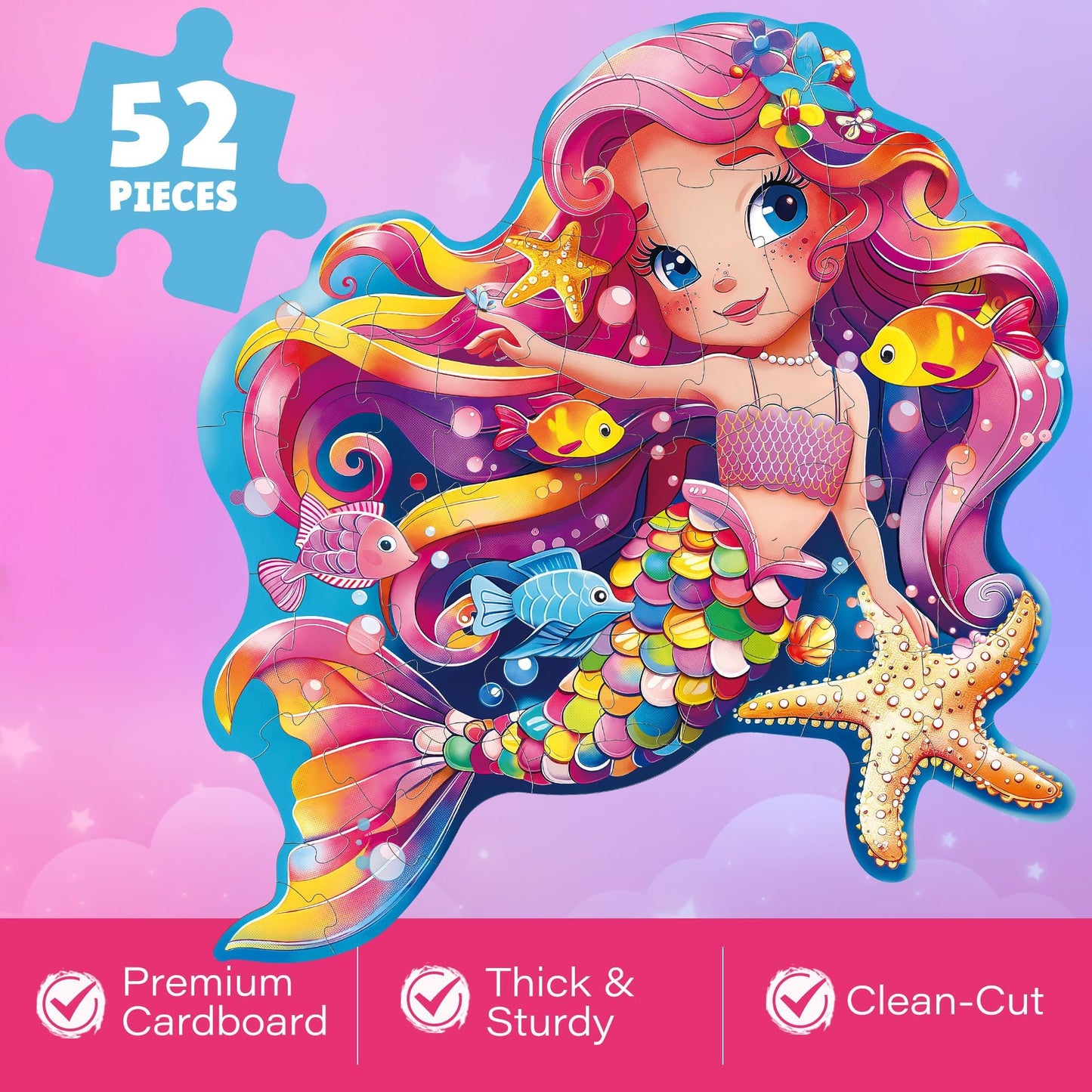 Benben Floor Puzzles, 26”X 27.5” Mermaid Puzzles For Kids Ages 4-6, 52 Piece Large Jigsaw Puzzles For Toddlers, Mermaid Toys Birthday Gift For Girls Boys