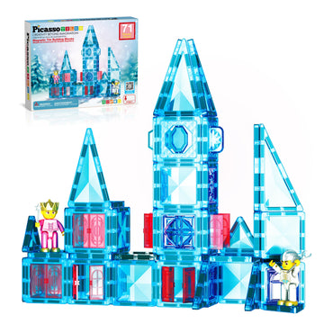 Picassotiles 71Pc Mini Diamond Series Winter Ice Theme Magnetic Tile Building Blocks 2 Character Action Figures Travel Size On-T