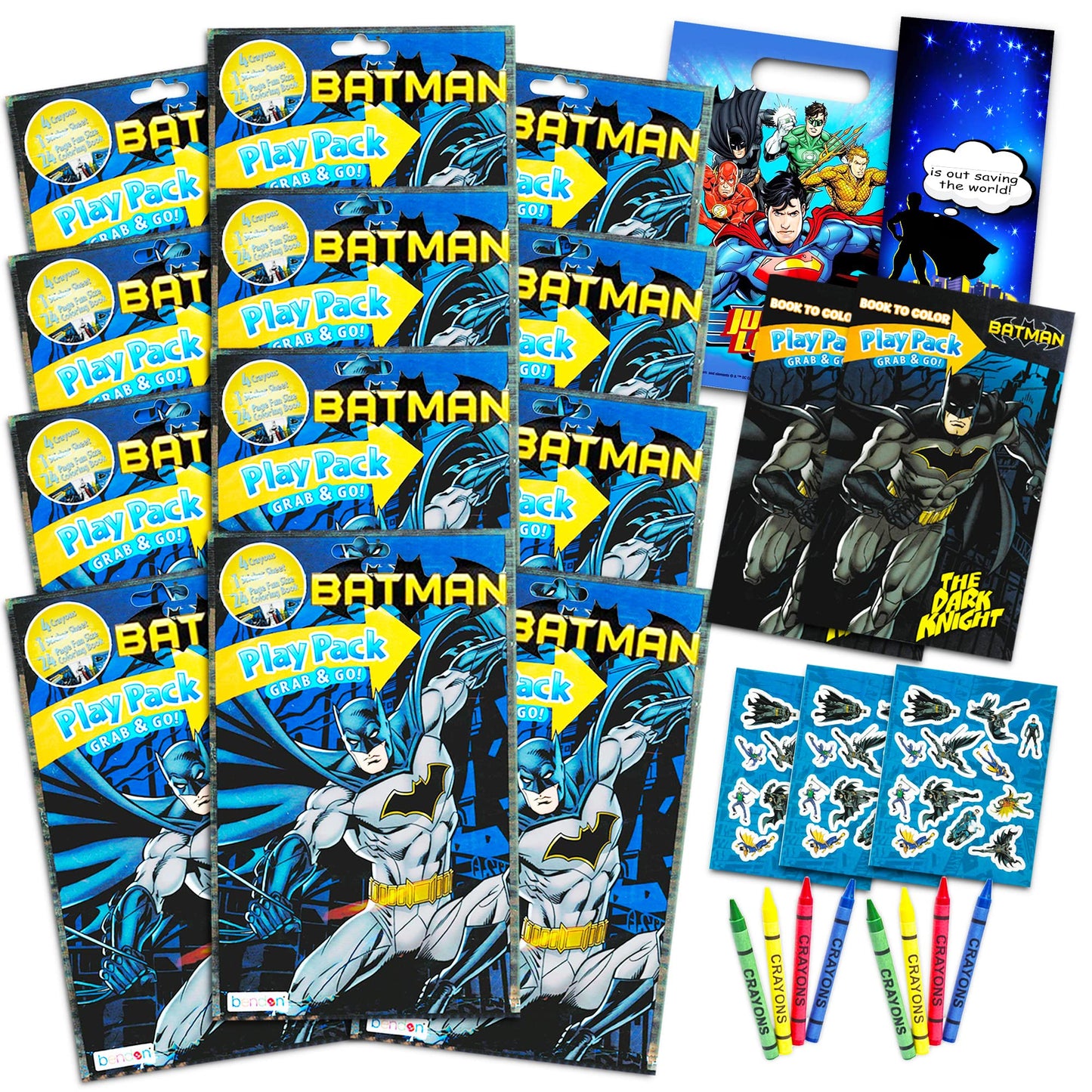 DC Comics Batman Party Favors Pack ~ Bundle of 12 Batman Play Packs Filled with Stickers, Coloring Books, Crayons with Bonus Loo