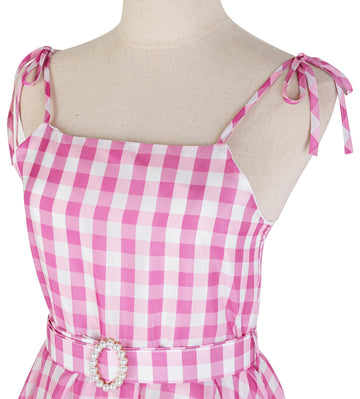Gz-Laopaitou Princess Girl Dress Pink White Gingham Dress For Kids Princess Movie Clothes For Girls Princess Outfit 2T