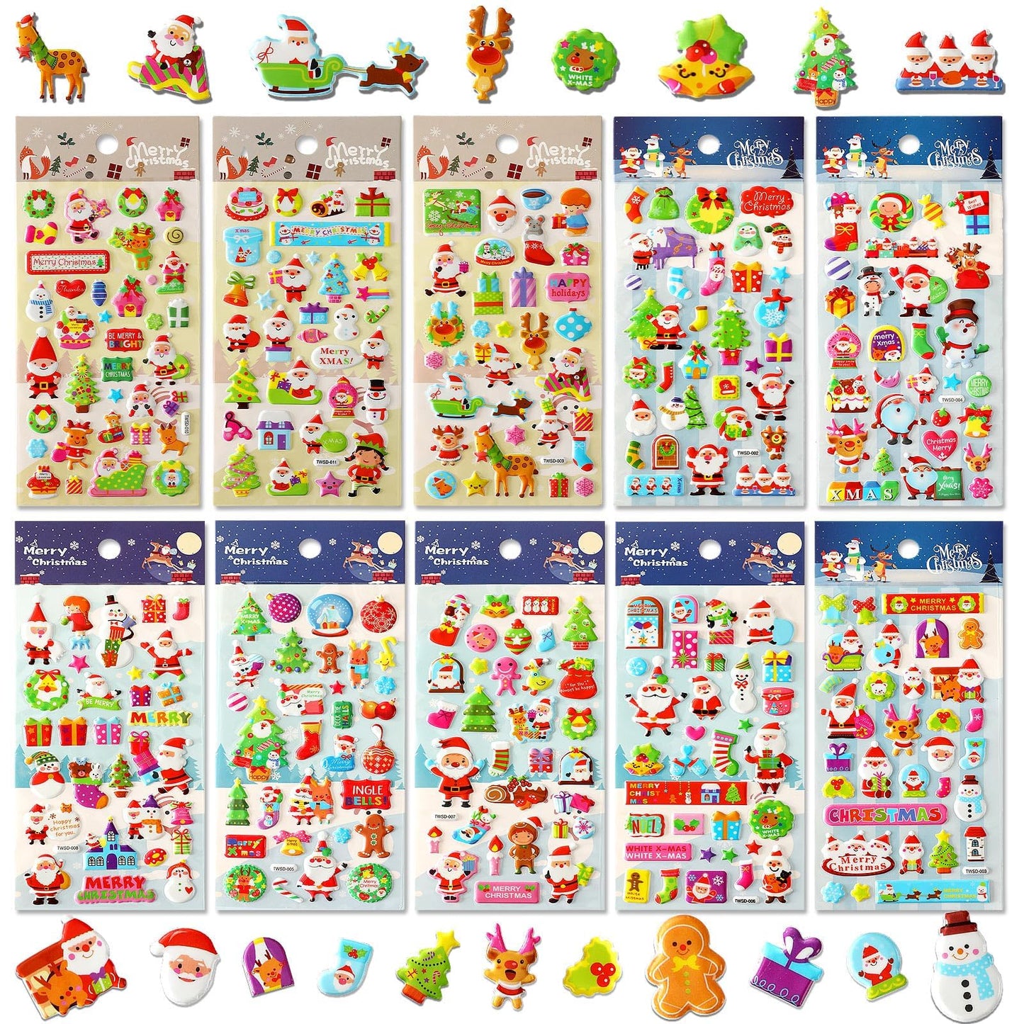UPINS Christmas Stickers for Kids, 10 Sheets Holiday 3D Puffy Foam Decals - Cute Snowman, Reindeer, Tree, Santa for Party Favors