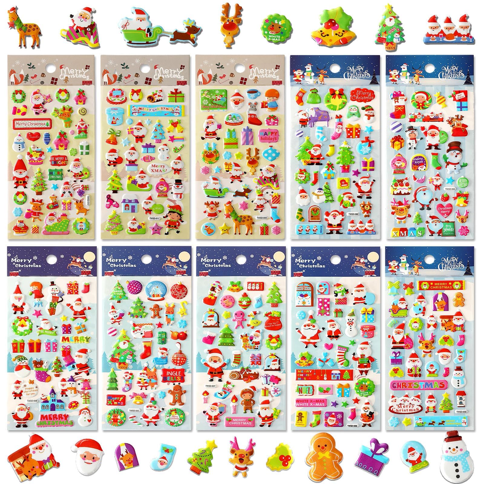 UPINS Christmas Stickers for Kids, 10 Sheets Holiday 3D Puffy Foam Decals - Cute Snowman, Reindeer, Tree, Santa for Party Favors