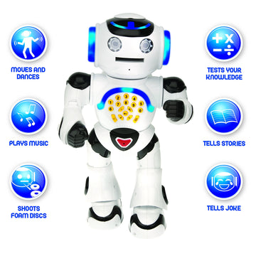 LEXIBOOK Powerman - Remote Control Walking Talking Toy Robot, Dances, Sings, Reads Stories, Math Quiz, Shooting Discs, and Voice
