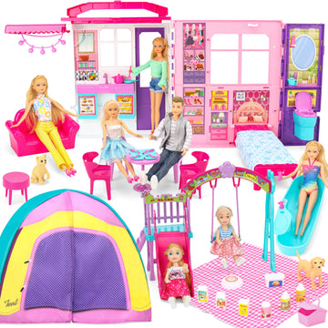 Style Shine Doll House Portable & Foldable Dollhouse W/ 60+ Pcs & 2 Dolls, Play House Toy With Bedroom Kitchen Furniture Camping