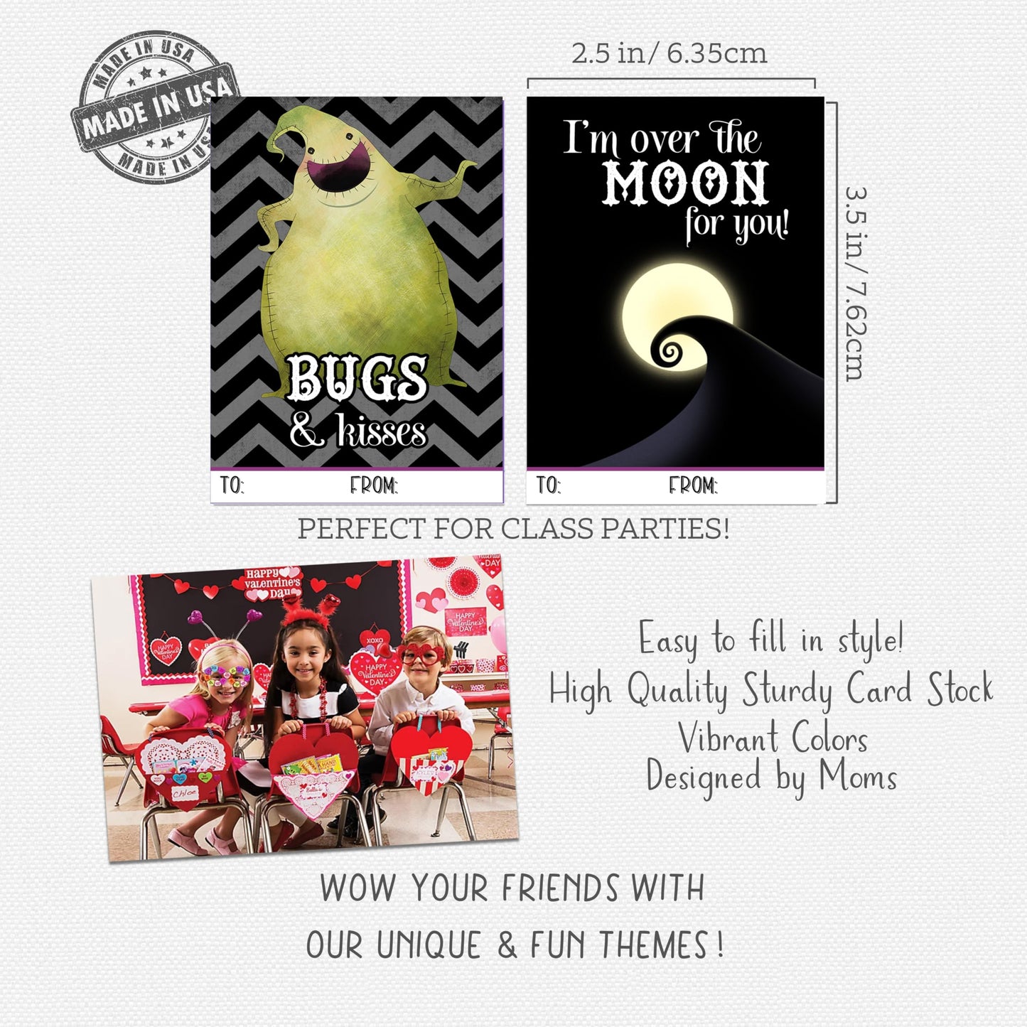 Silly Goose Gifts Nightmare Valentine's Day Classroom Exchange Cards, Set of 24, Satin Matte Cardstock, Black