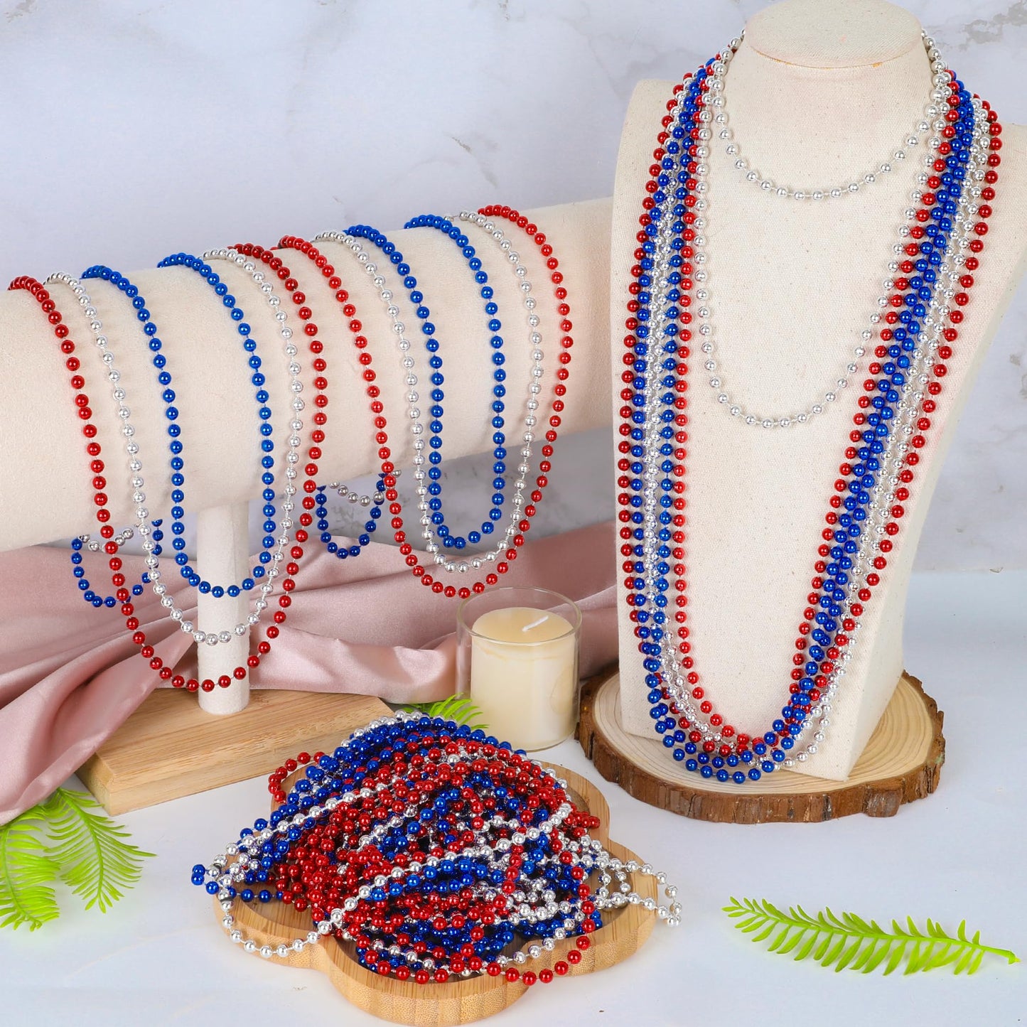 Huskein 12 Pcs 4Th Of July Beads Necklaces, 33'' Red Silver Blue Beaded Necklaces Bulk, Patriotic Round Beads, Independence Day