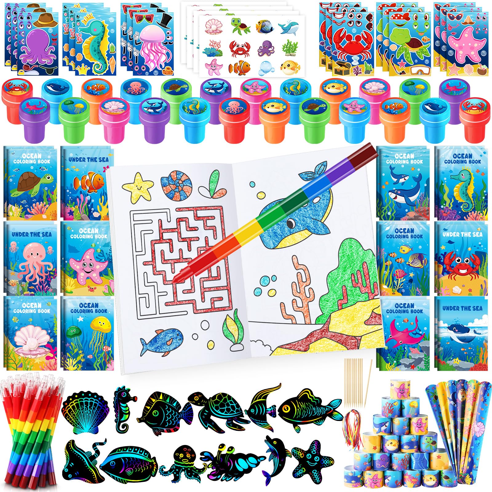 BenLouis 96Pcs Under the Sea Party Favors Ocean Animals Party Coloring Books Set Bulk for Kids Sea Fish Birthday Mermaid Party G