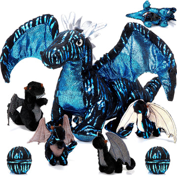 Deekin 7 Pcs Dragon Toy Set 16 Inch Large Dragon Stuffed Animal With 4 Baby Plush And 2 Eggs In Mommy'S Belly Dinosaur Plushies Gifts For Boys Girls Birthday Christmas(Cool Style)