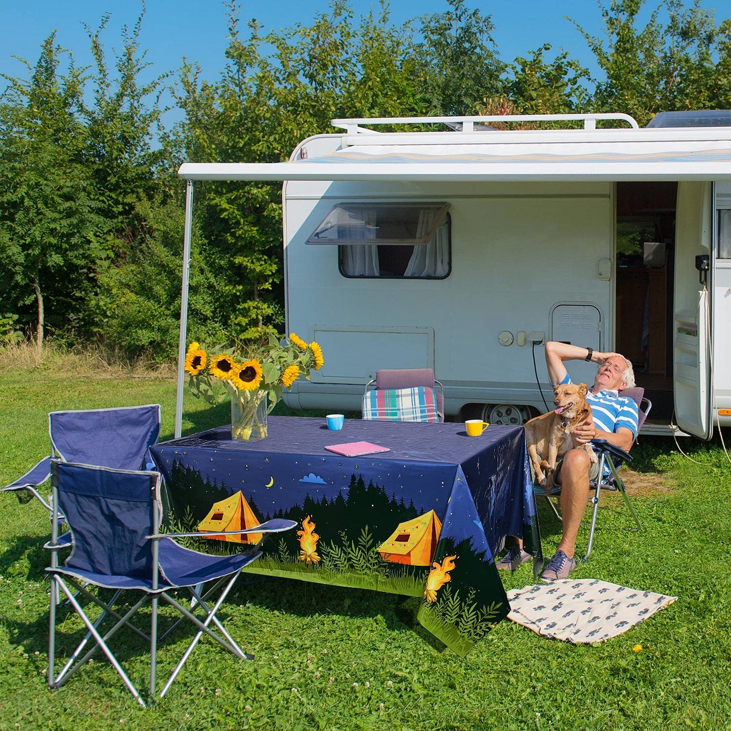 Breling 4 Pieces Camping Party Decorations Camping Tablecloth Plastic Rectangular Campfire Table Cover for Picnic Hiking Adventu