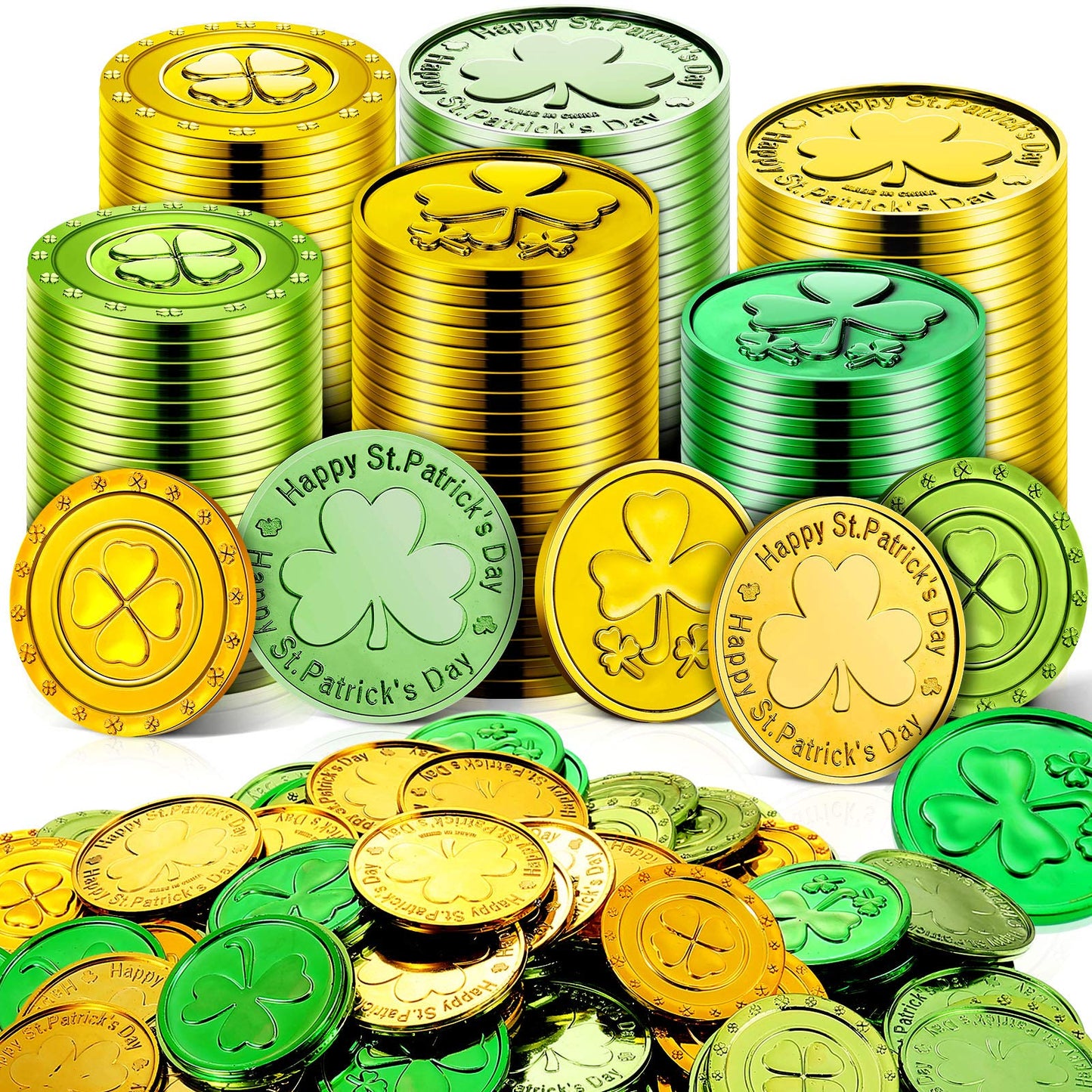 260 Pieces St. Patrick's Day Shamrock Coins 3-Leaf Clover  4 Leaf Clover and Happy St. Patrick's day Good Luck Green and Gold Plastic Coins for Party Supplies Decor